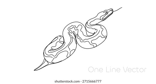 Elegante arte de línea continua de una serpiente enrollada con la lengua hacia fuera. Este diseño minimalista captura la forma y el movimiento de los reptiles. Perfecto para temas de naturaleza moderna. Ilustración vectorial