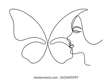 Elegant continuous line art depicting a woman's face and butterfly wings in a minimalist style