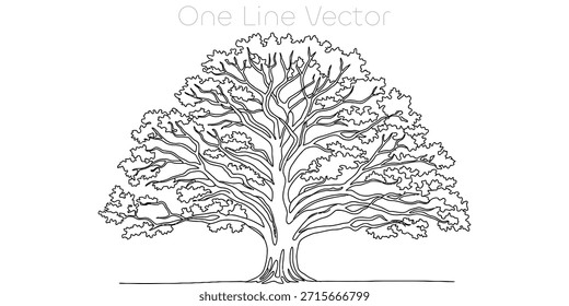Elegante desenho em linha contínua de uma árvore madura. Contorno preto estilizado em um plano de fundo branco limpo. Ideal para designs com temas naturais, conceitos ambientais ou marcas minimalistas. Ilustração vetorial