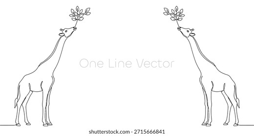 Elegante dibujo de línea continua de una jirafa con su largo cuello extendido, alcanzando elegantemente hojas verdes frescas. Un diseño minimalista que captura la belleza de la vida silvestre. Ilustración vectorial