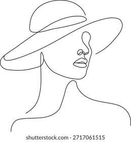 Elegant continuous line art drawing of a woman wearing a stylish wide-brimmed hat