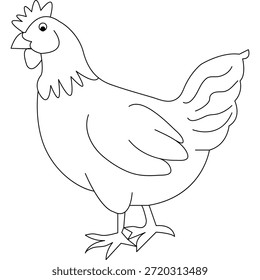 Elegant continuous line art drawing of a standing hen or chicken