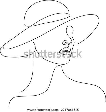 Elegant continuous line art drawing of a woman wearing a stylish wide-brimmed hat