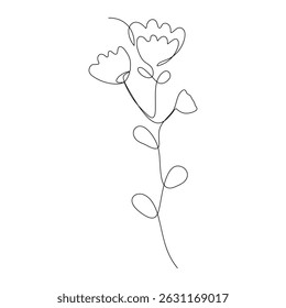 Elegant continuous line art flower with looping petals and abstract leaves. Perfect for modern wall art, tattoo, or digital design.
