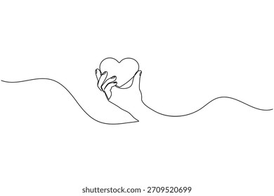Elegant continuous line art of a hand holding a heart, symbolizing care.