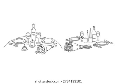 Elegant continuous line art illustration set of a romantic dinner table setting for two; featuring a wine bottle, wine glasses, plates with cutlery, lit candles, and a beautiful flower bouquet in a minimalist hand-drawn style.