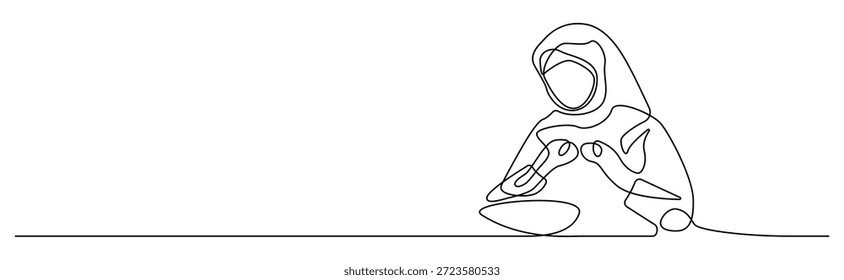 Elegant continuous line art of islamic young muslim girl performing prayer