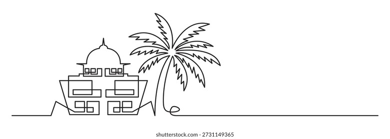 Elegante arte lineal continuo de mezquita con palmera datilera en Vector minimalista