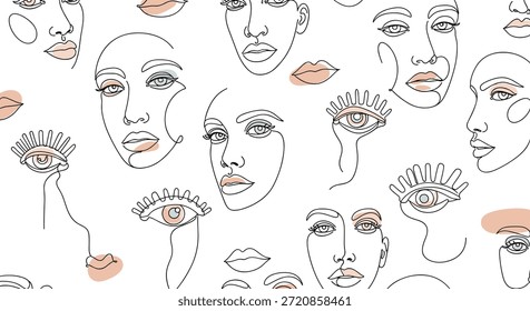 Elegant continuous line art pattern featuring abstract female faces, expressive eyes, and lips in a minimalist modern style.