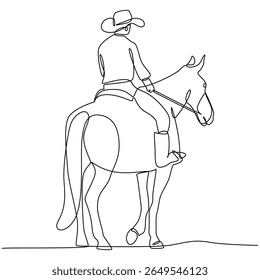 Elegant continuous line art showing a cowboy on horseback, reflecting the freedom and tradition of Western culture