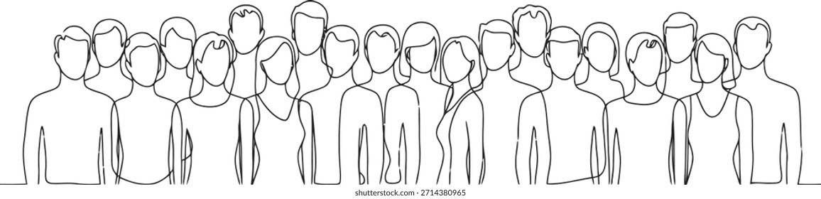 Una elegante obra de arte de línea continua que muestra una comunidad unida de personas diversas, enfatizando la colaboración y la experiencia humana compartida.