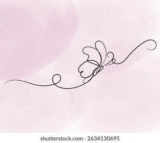 Elegant continuous line butterfly illustration on a soft pink watercolor background, simple and minimal.