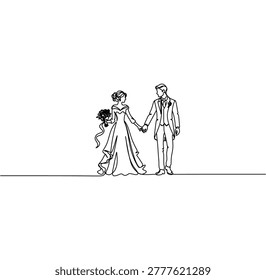 Elegant continuous line drawing of a bride and groom in wedding attire walking and holding hands. Minimalist romantic illustration.