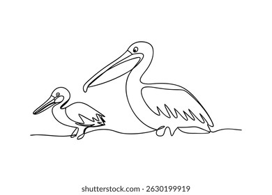 Elegant continuous line drawing depicting two pelicans in simplified outline on white background