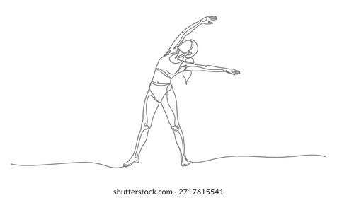 Un elegante dibujo de línea continua que representa a una mujer en una pose de yoga. Esta obra de arte minimalista encarna el estado físico, la salud y el bienestar general. Ideal para transmitir un mensaje de equilibrio y elegancia