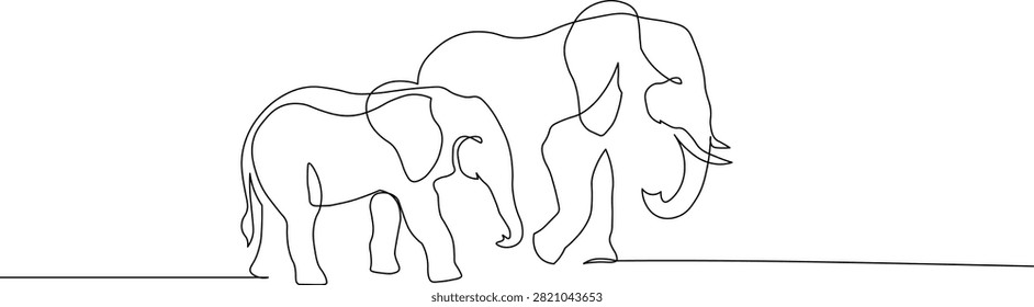 Elegant continuous line drawing depicting a majestic adult elephant alongside its small calf crafted with clean minimalist black ink strokes on a stark white surface to create a sophisticated modern aesthetic suitable for home decor or minimalist artistic design projects seeking a simplified silhouette of two wild African giant mammals.

