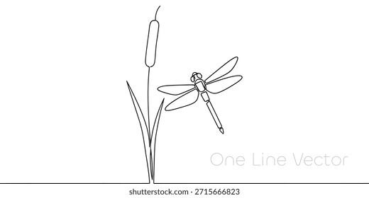 Elegant continuous line drawing of a dragonfly and cattail. Minimalist design representing natures simplicity, wildlife, and serene pond ecosystem. Ideal for environmental themes. Vector illustration