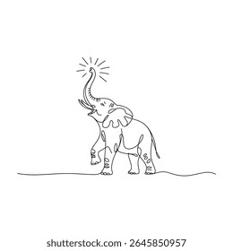 Elegant continuous line drawing of an elephant raising its trunk to symbolize good luck or joy