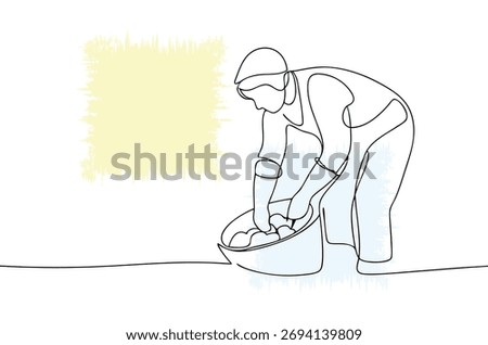 Elegant continuous line drawing of a farmer with a bowl of fresh produce showcasing sustainable agriculture and organic farming practices