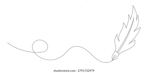Elegant continuous line drawing of a feather quill pen creating a wavy stroke, symbolizing writing, creativity, education, or literary pursuits in a minimalist style.