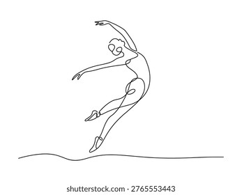 Elegant continuous line drawing of a graceful ballet dancer in midleap with flowing arms and legs isolated on transparent background