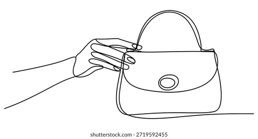Elegante durchgehende Linie Zeichnung einer Hand sanft halten eine stilvolle Frau Handtasche Vektor, Illustration