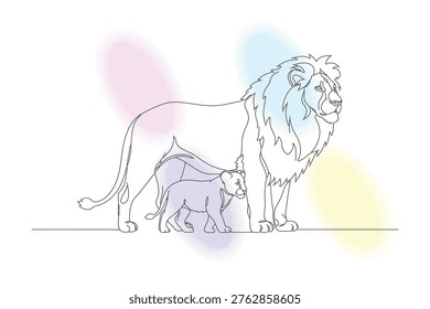Elegant Continuous Line Drawing of a Lion and Calf, Expressing Love and Family Bonds with a Modern Artistic Style