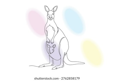 Elegante dibujo de línea continua de una madre canguro con joey, mostrando el amor maternal y la belleza de la vida silvestre australiana en un estilo minimalista.