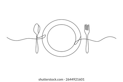 Elegant continuous line drawing of a plate spoon and fork minimalist tableware design for restaurant menu or kitchen decor