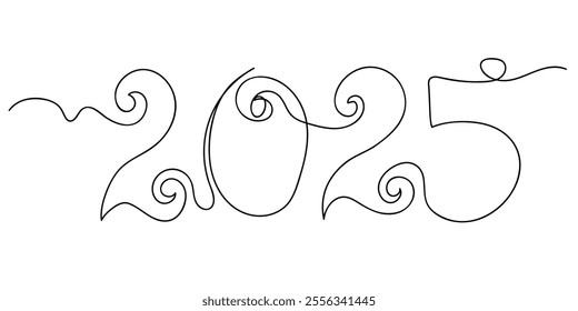 Elegant continuous line drawing representing the year 2025, reflecting a celebration theme. This minimalistic logo design showcases creative doodle vector illustration.