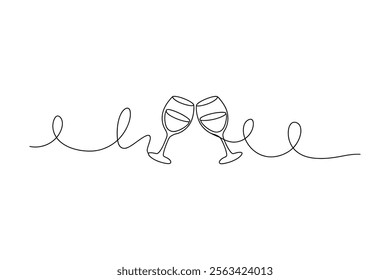 Elegant Continuous Line Drawing of Toasting Wine Glasses with Minimalist Style and Flowing Lines