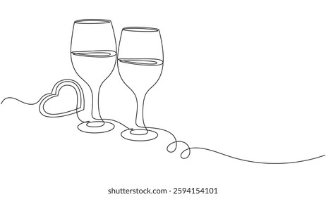 An elegant continuous line drawing of two wine glasses and a heart shape, symbolizing love and romance, perfect for wedding invitations, Valentine's Day cards, or celebratory events.