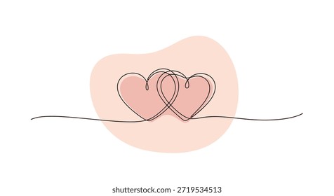 Elegante dibujo de línea continua de dos corazones entrelazados sobre un fondo rosa suave para diseños románticos.