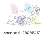 Elegant Continuous Line Drawing of a Walrus Mother and Calf, Hand-Drawn Style with Pastel Watercolor Background, Illustrative Animal Artwork
