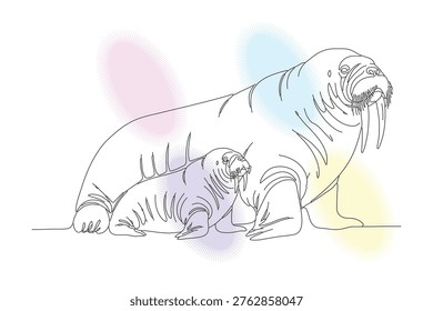 Elegant Continuous Line Drawing of a Walrus Mother and Calf, Hand-Drawn Style with Pastel Watercolor Background, Illustrative Animal Artwork