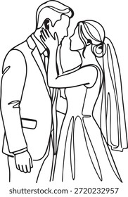 Ilustración de línea continua elegante que captura un momento amoroso entre una novia y el novio compartiendo un beso romántico en el día de su boda.