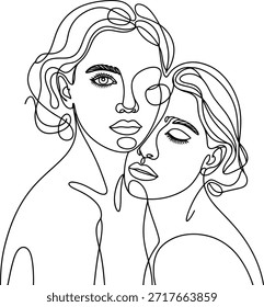 Ilustración de línea continua elegante de los rostros de dos mujeres, transmitiendo conexión, intimidad y un sentido de feminidad compartida.