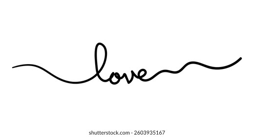 Elegant continuous line script cursive text 'LOVE' with a minimalist design, perfect for Valentine’s Day cards, wedding banners, or romantic t-shirt prints.