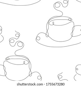Elegant continuous line  seamless pattern with coffee or tea cups, design elements. Coffee cup  pattern for invitations, menu, cards, print, gift wrap, manufacturing, textile, fabric, wallpapers