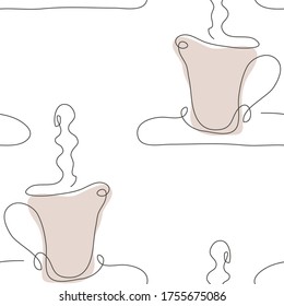 Elegant continuous line  seamless pattern with coffee or tea cups, design elements. Coffee cup  pattern for invitations, menu, cards, print, gift wrap, manufacturing, textile, fabric, wallpapers