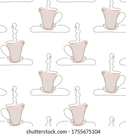 Elegant continuous line  seamless pattern with coffee or tea cups, design elements. Coffee cup  pattern for invitations, menu, cards, print, gift wrap, manufacturing, textile, fabric, wallpapers