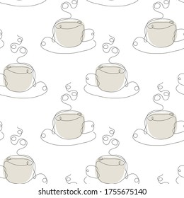 Elegant continuous line  seamless pattern with coffee or tea cups, design elements. Coffee cup  pattern for invitations, menu, cards, print, gift wrap, manufacturing, textile, fabric, wallpapers