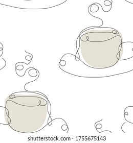 Elegant continuous line  seamless pattern with coffee or tea cups, design elements. Coffee cup  pattern for invitations, menu, cards, print, gift wrap, manufacturing, textile, fabric, wallpapers