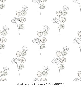 Elegant continuous line seamless pattern with cotton plants, design elements. Floral  pattern for invitations, cards, print, gift wrap, manufacturing, textile, fabric, wallpapers