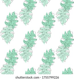Elegant continuous line seamless pattern with monstera leaves, design elements. Floral  pattern for invitations, cards, print, gift wrap, manufacturing, textile, fabric, wallpapers