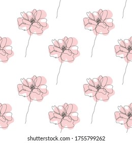 Elegant continuous line seamless pattern with poppy flowers, design elements. Floral  pattern for invitations, cards, print, gift wrap, manufacturing, textile, fabric, wallpapers