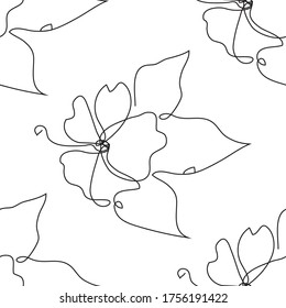 Elegant continuous line seamless pattern with hibiscus flowers, design elements. Floral  pattern for invitations, cards, print, gift wrap, manufacturing, textile, fabric, wallpapers