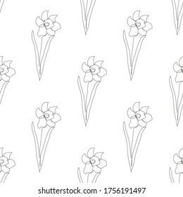Elegant continuous line seamless pattern with daffodil flowers, design elements. Floral  pattern for invitations, cards, print, gift wrap, manufacturing, textile, fabric, wallpapers