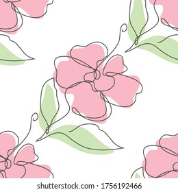 Elegant continuous line seamless pattern with hibiscus flowers, design elements. Floral  pattern for invitations, cards, print, gift wrap, manufacturing, textile, fabric, wallpapers