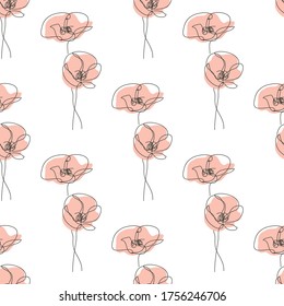 Elegant continuous line seamless pattern with poppy flowers, design elements. Floral  pattern for invitations, cards, print, gift wrap, manufacturing, textile, fabric, wallpapers